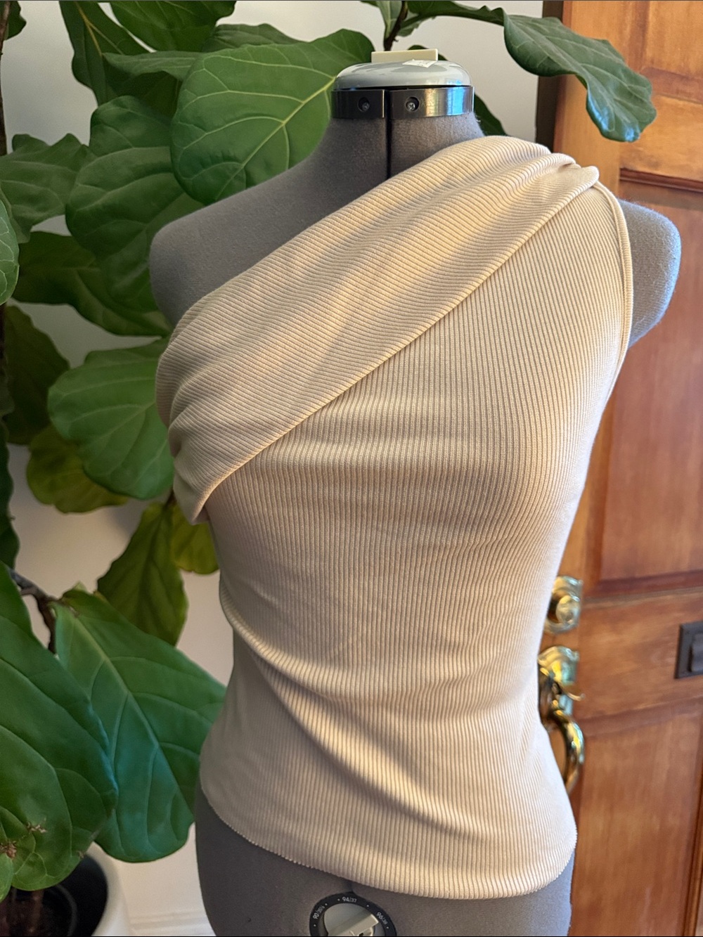 The Range - One-Shoulder Ribbed Knit Top in Beige SMALL